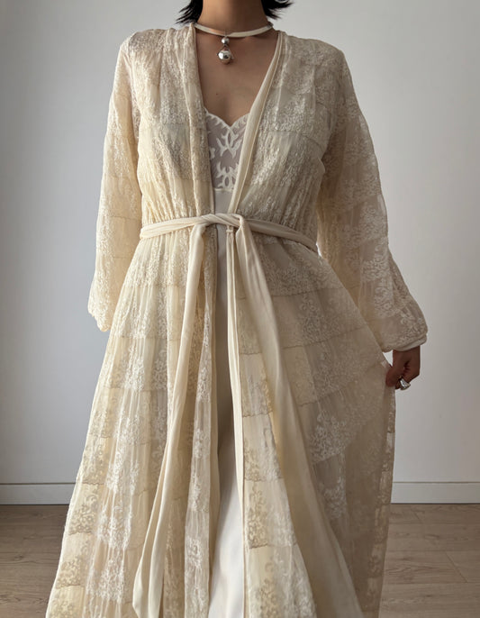 1930s Antique White Pure Silk Nightgown with Heavy Lace, Romantic Edwardian Nightwear