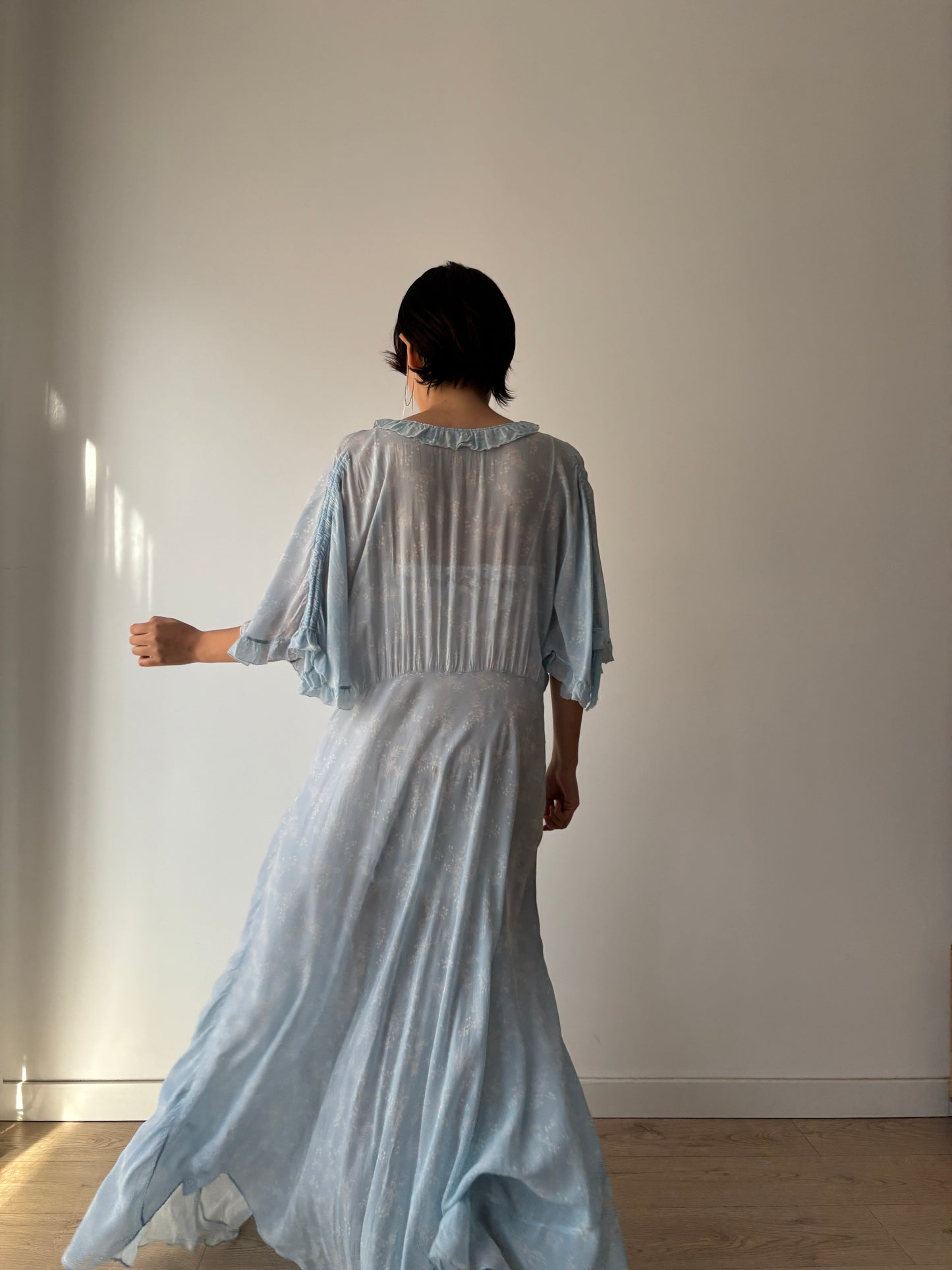 1940s Bias Cut Silk Nightgown in Blue: Maxi Length with Floral Print