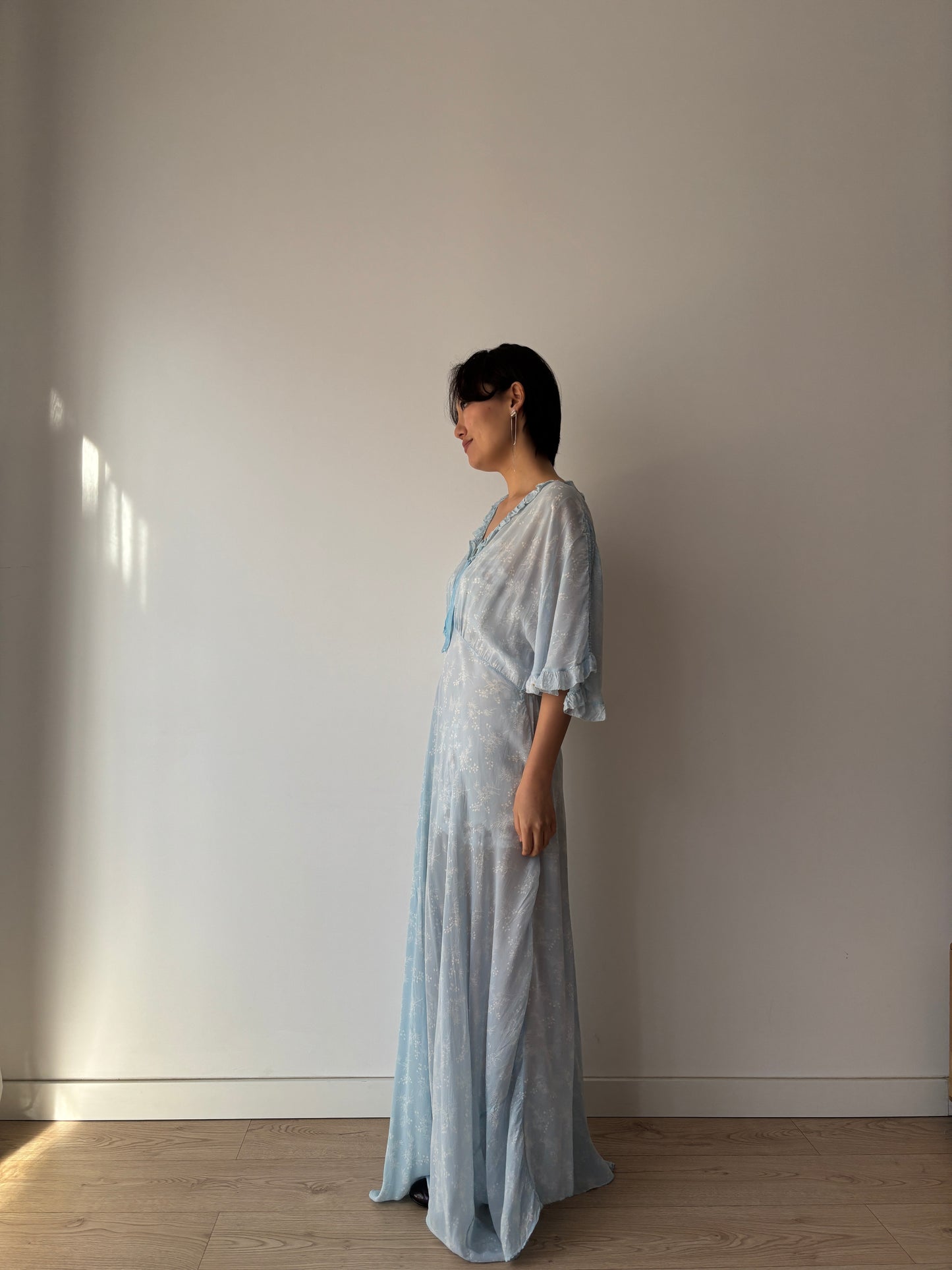 1940s Bias Cut Silk Nightgown in Blue: Maxi Length with Floral Print