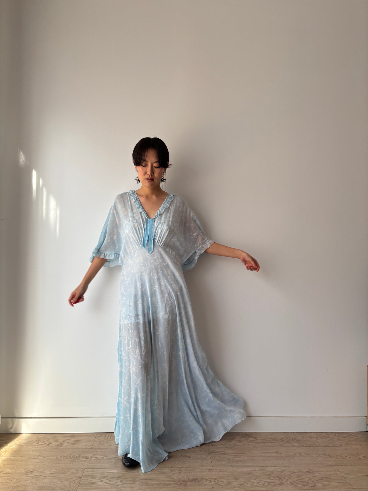 1940s Bias Cut Silk Nightgown in Blue: Maxi Length with Floral Print