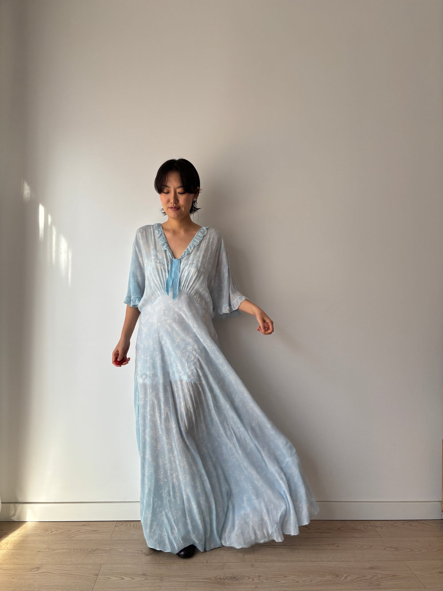 1940s Bias Cut Silk Nightgown in Blue: Maxi Length with Floral Print