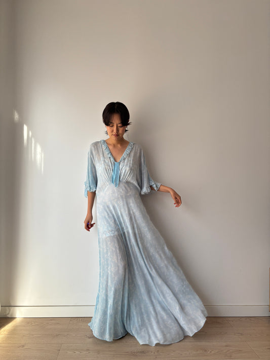 1940s Bias Cut Silk Nightgown in Blue: Maxi Length with Floral Print