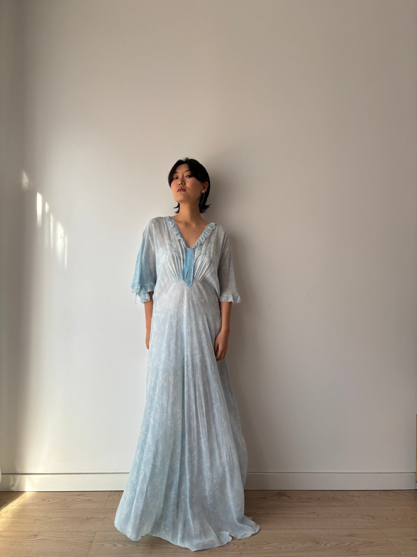 1940s Bias Cut Silk Nightgown in Blue: Maxi Length with Floral Print