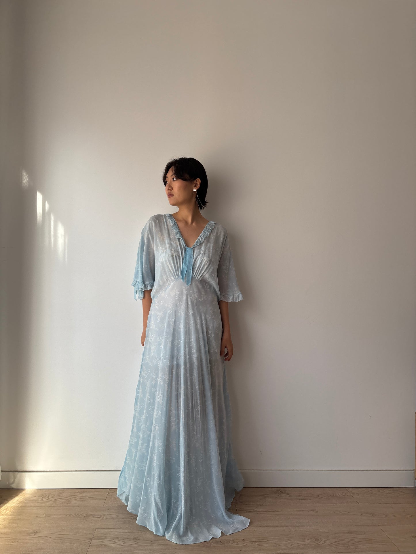 1940s Bias Cut Silk Nightgown in Blue: Maxi Length with Floral Print