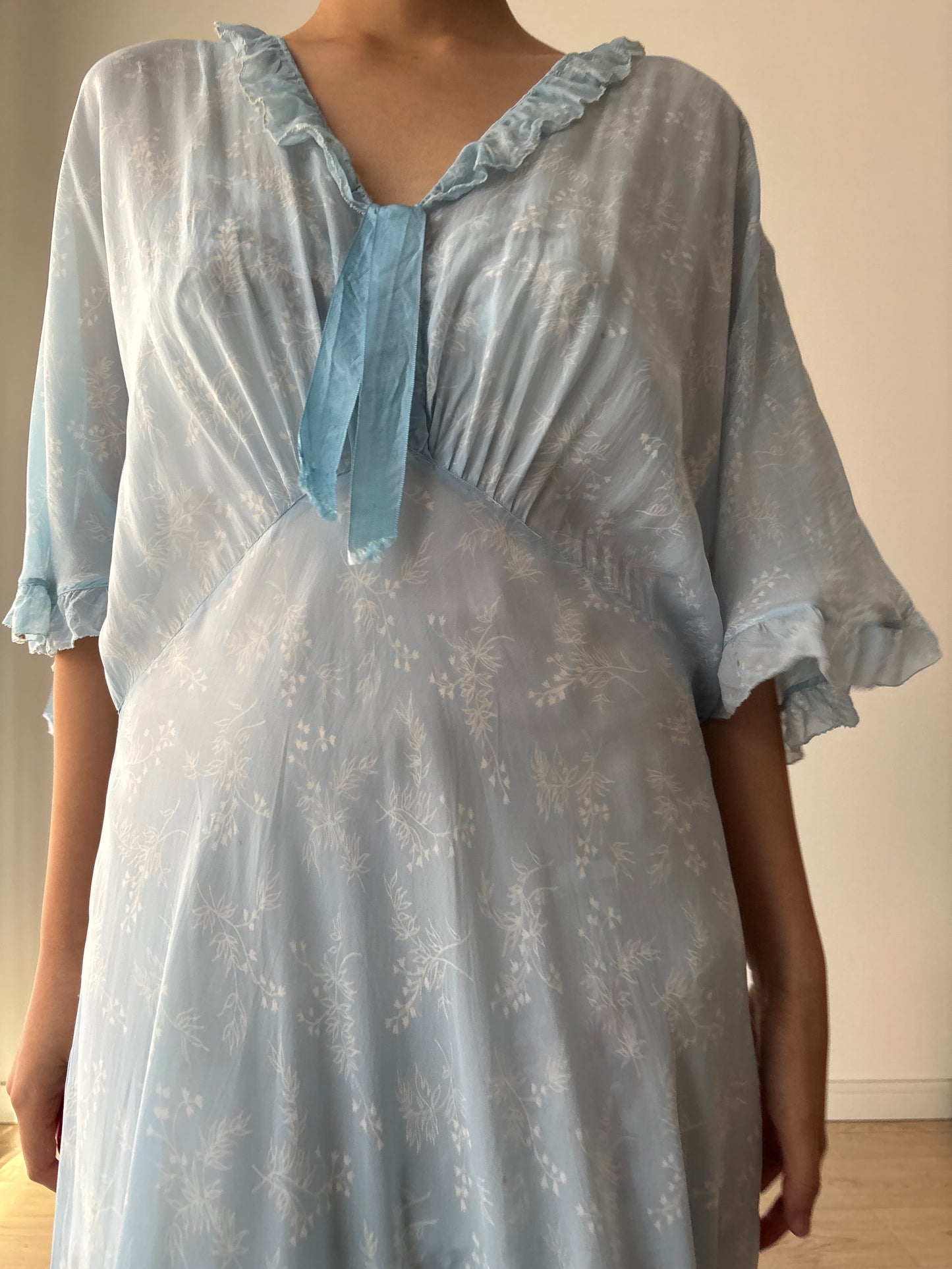 1940s Bias Cut Silk Nightgown in Blue: Maxi Length with Floral Print