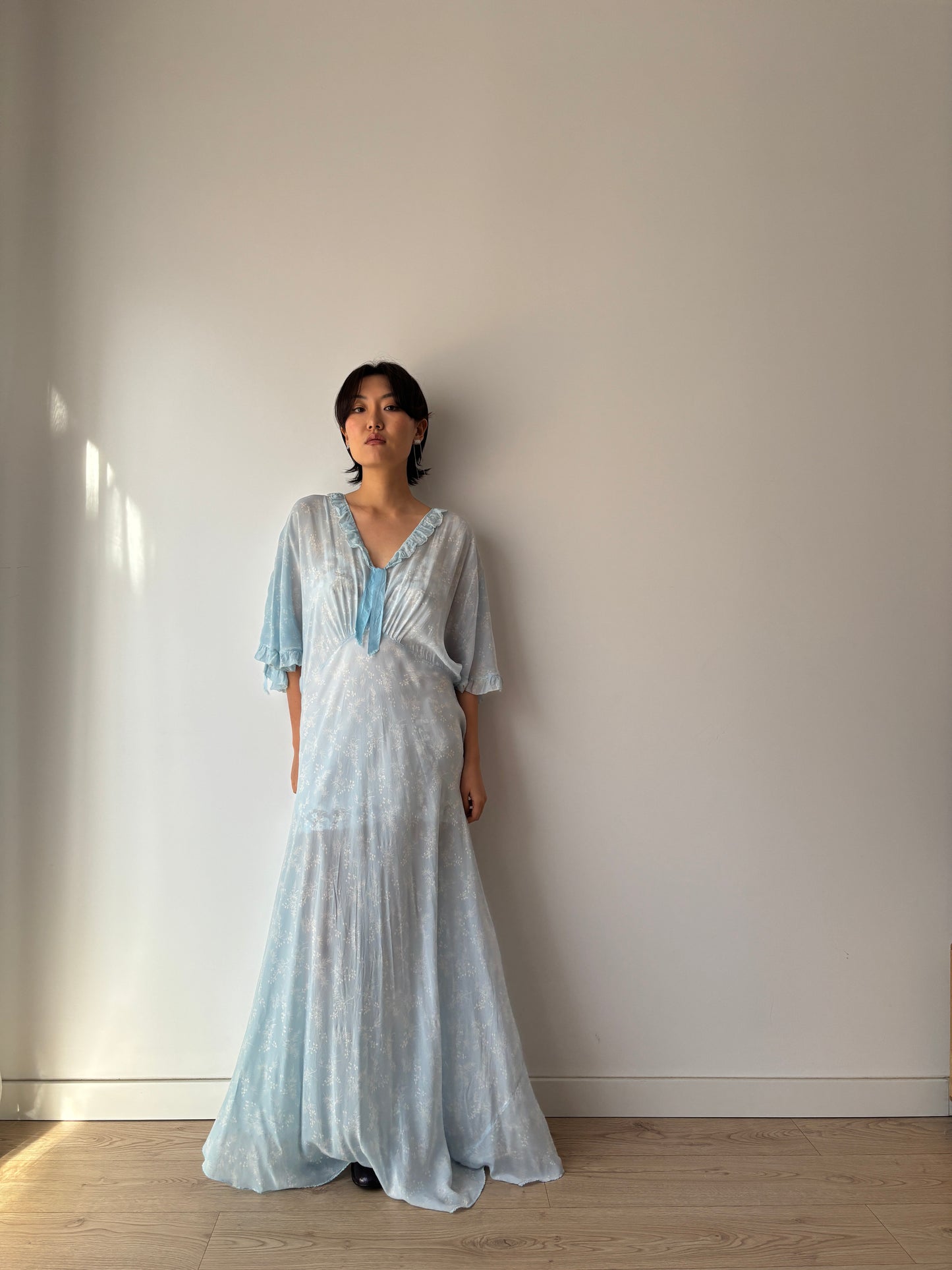 1940s Bias Cut Silk Nightgown in Blue: Maxi Length with Floral Print