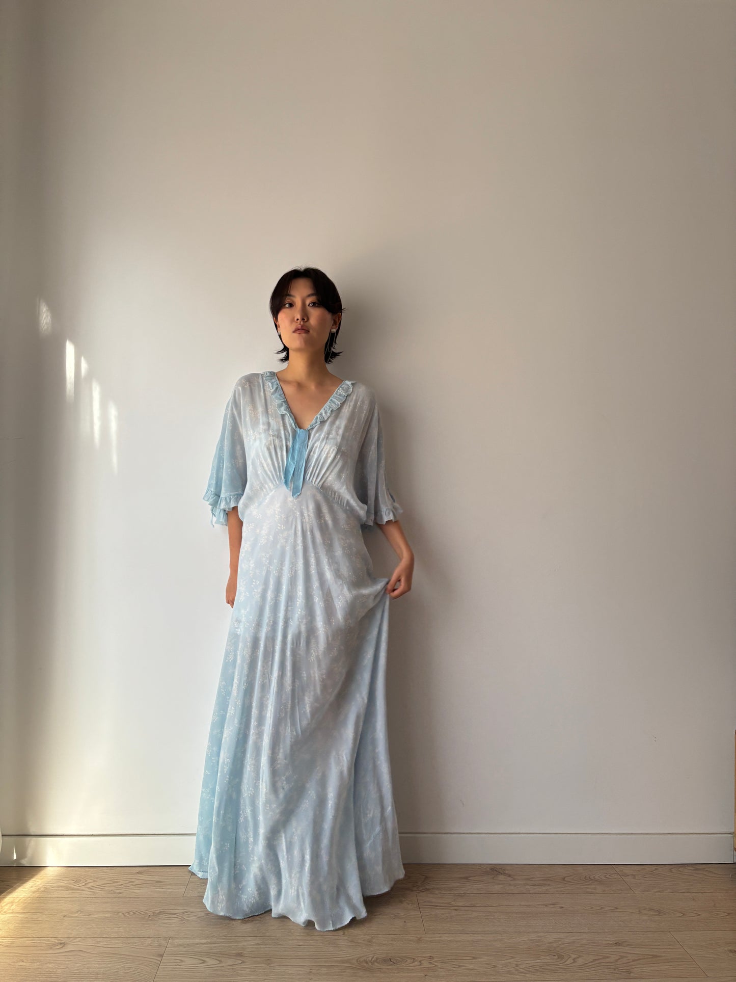 1940s Bias Cut Silk Nightgown in Blue: Maxi Length with Floral Print