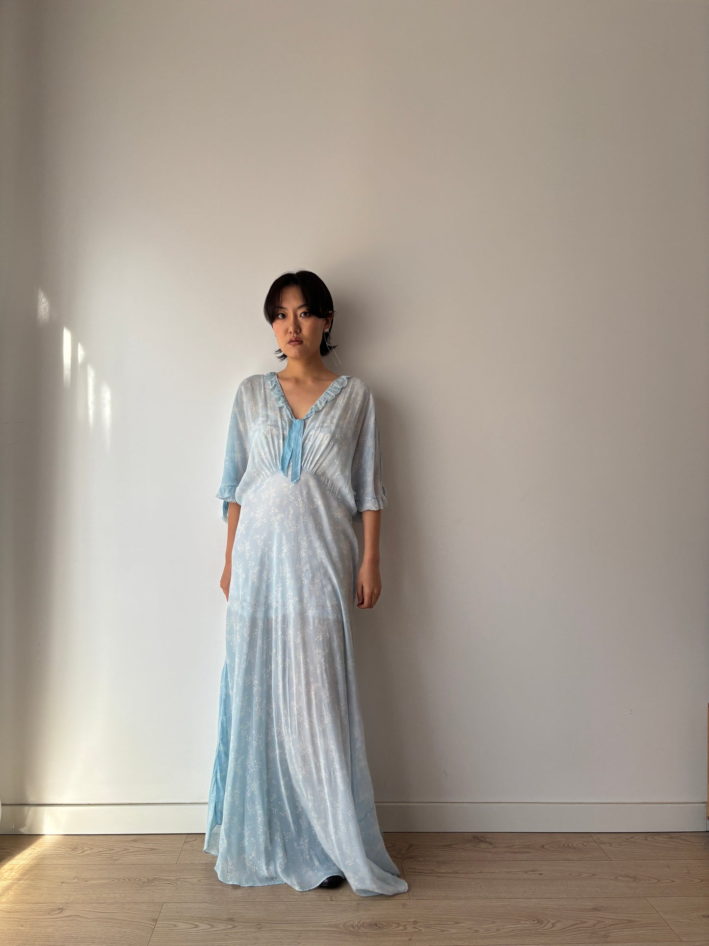 1940s Bias Cut Silk Nightgown in Blue: Maxi Length with Floral Print