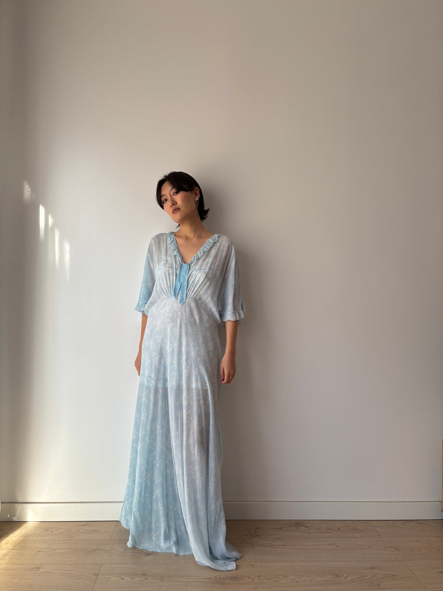 1940s Bias Cut Silk Nightgown in Blue: Maxi Length with Floral Print
