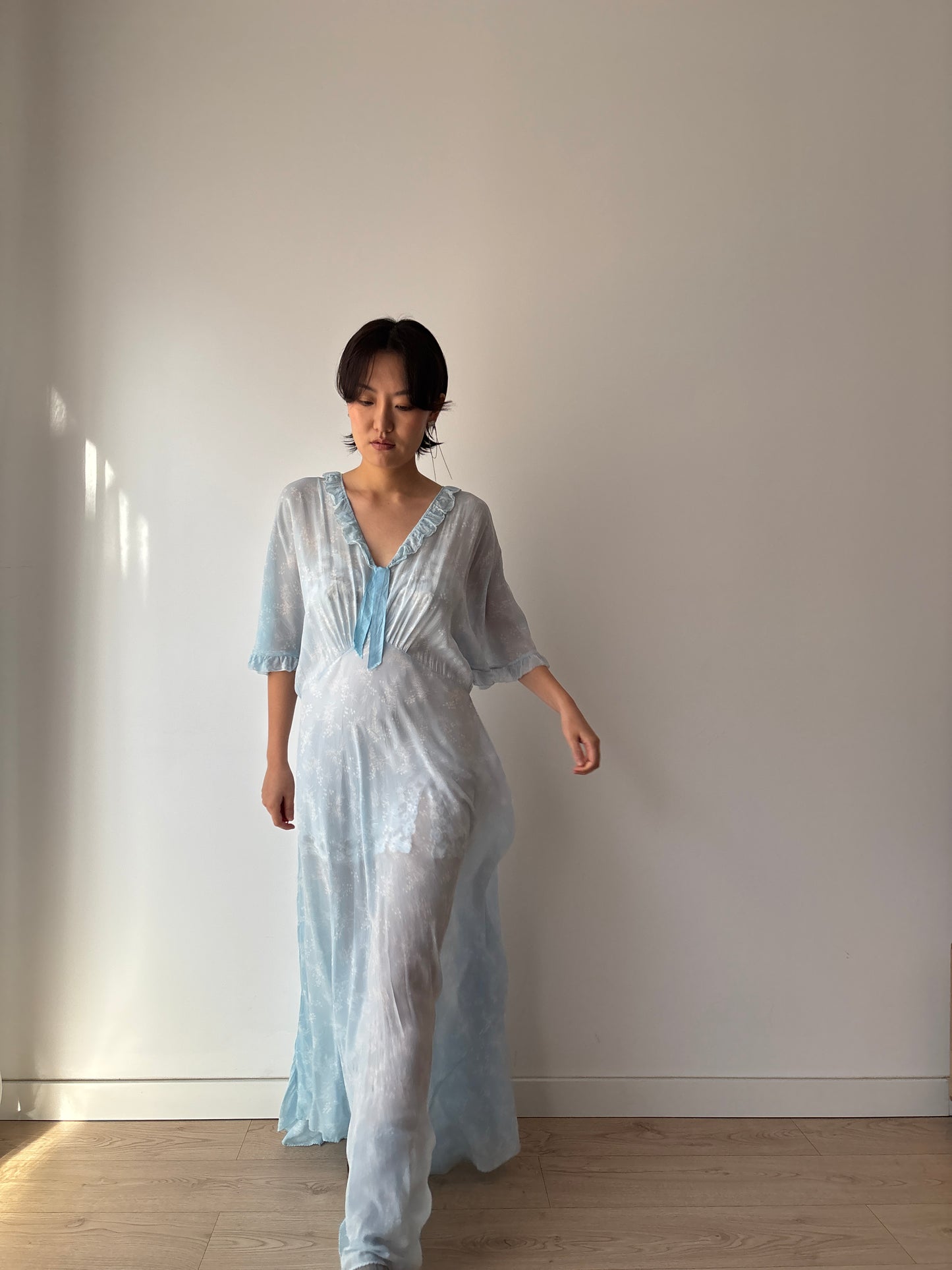 1940s Bias Cut Silk Nightgown in Blue: Maxi Length with Floral Print