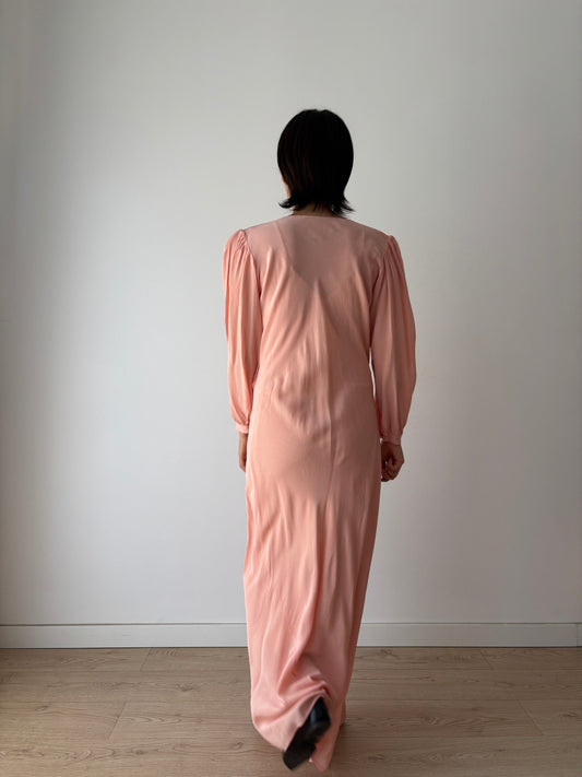 1940s pure silk pink bow ribbon embroidery gown