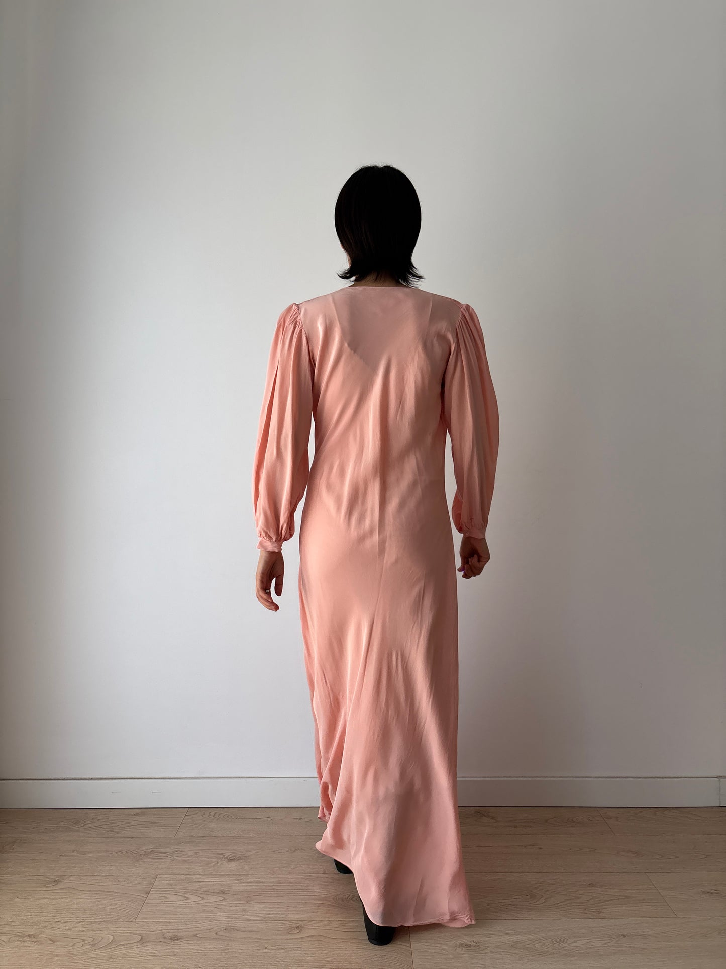 1940s pure silk pink bow ribbon embroidery gown