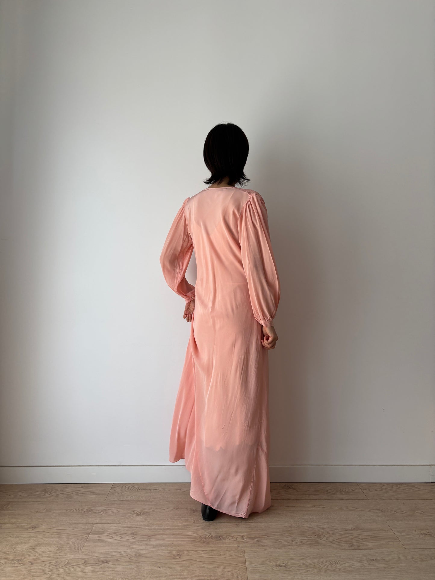1940s pure silk pink bow ribbon embroidery gown