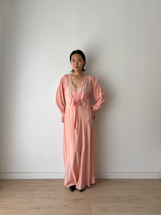 1940s pure silk pink bow ribbon embroidery gown