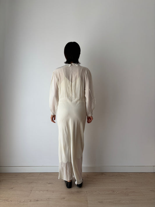 1930s Bridal Silk Cepre Bias Cut Embroidered White Long Maxi dress, Vintage lace wedding dress