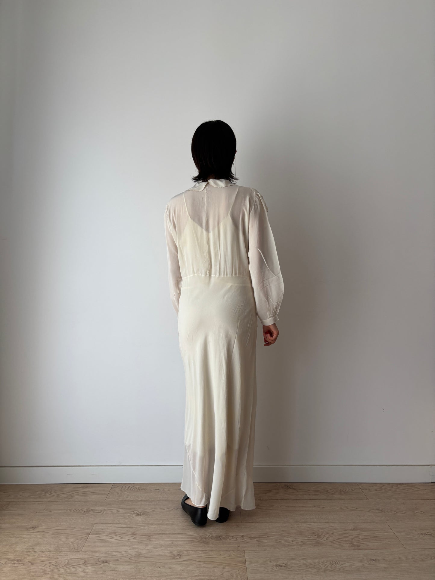 1930s Bridal Silk Cepre Bias Cut Embroidered White Long Maxi dress, Vintage lace wedding dress