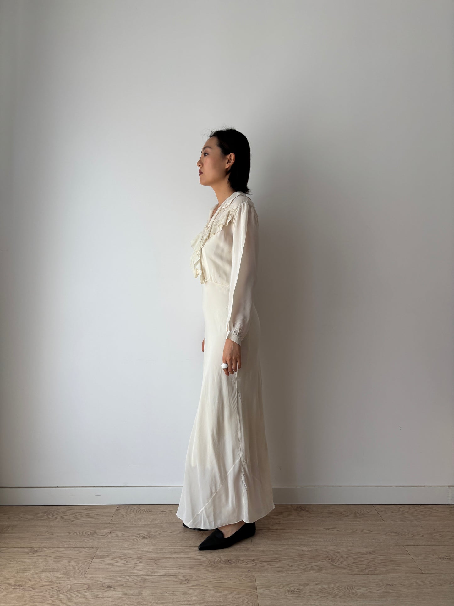 1930s Bridal Silk Cepre Bias Cut Embroidered White Long Maxi dress, Vintage lace wedding dress