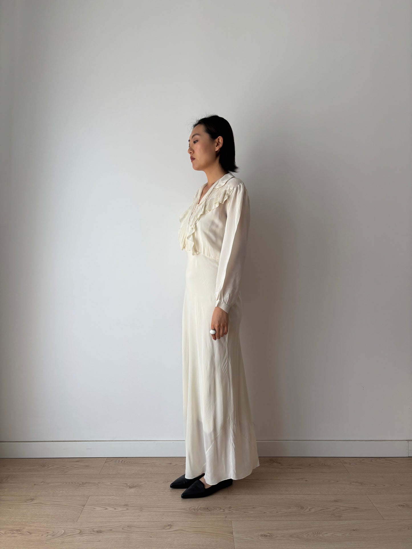 1930s Bridal Silk Cepre Bias Cut Embroidered White Long Maxi dress, Vintage lace wedding dress