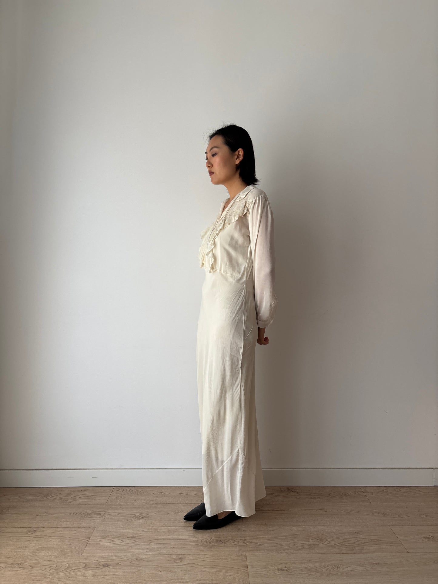1930s Bridal Silk Cepre Bias Cut Embroidered White Long Maxi dress, Vintage lace wedding dress