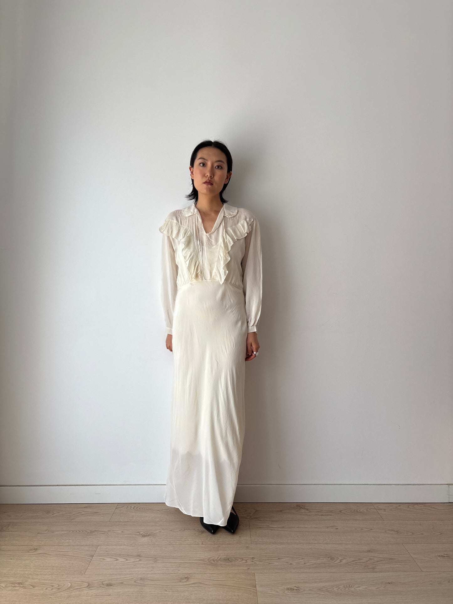 1930s Bridal Silk Cepre Bias Cut Embroidered White Long Maxi dress, Vintage lace wedding dress
