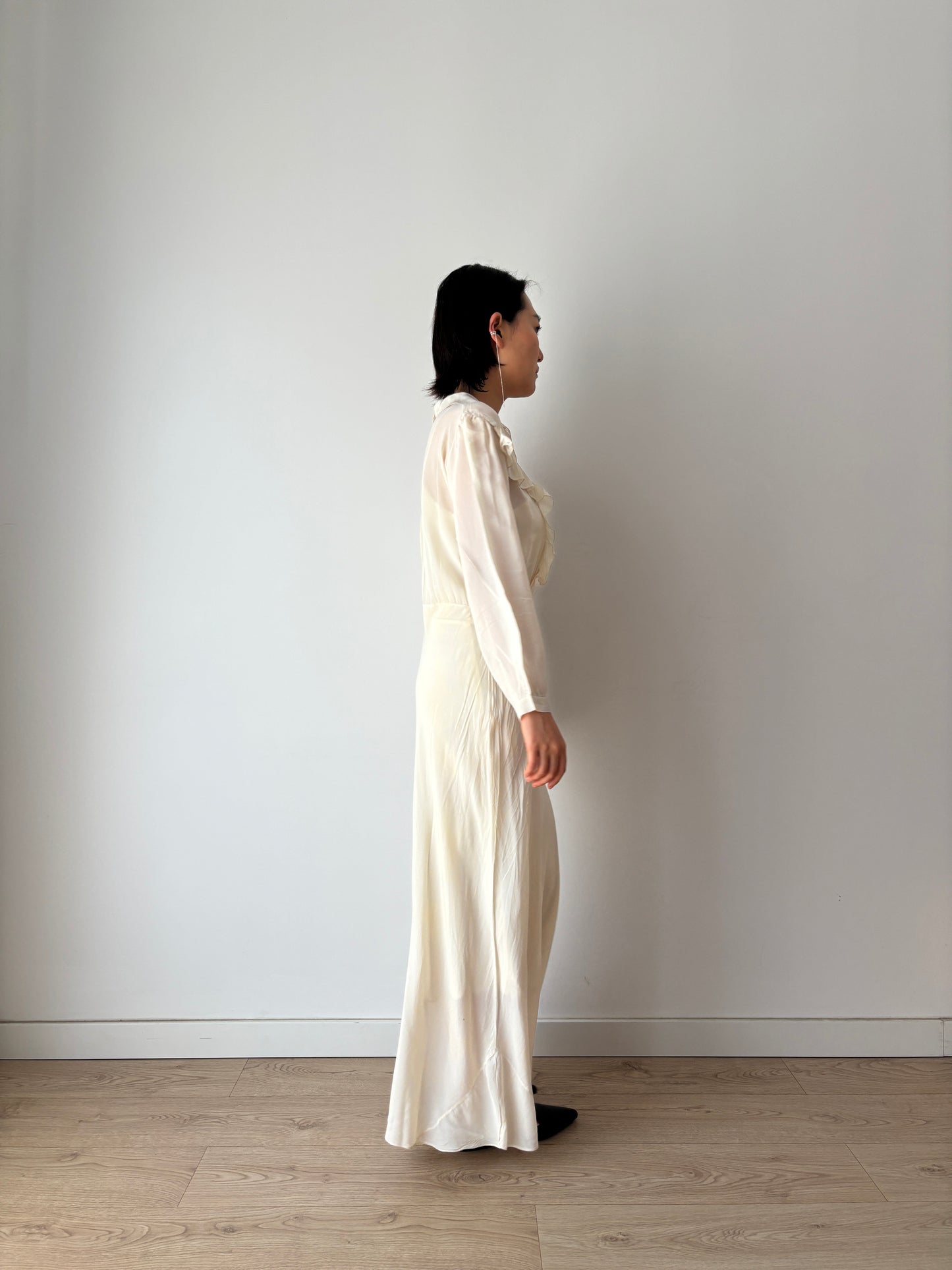 1930s Bridal Silk Cepre Bias Cut Embroidered White Long Maxi dress, Vintage lace wedding dress