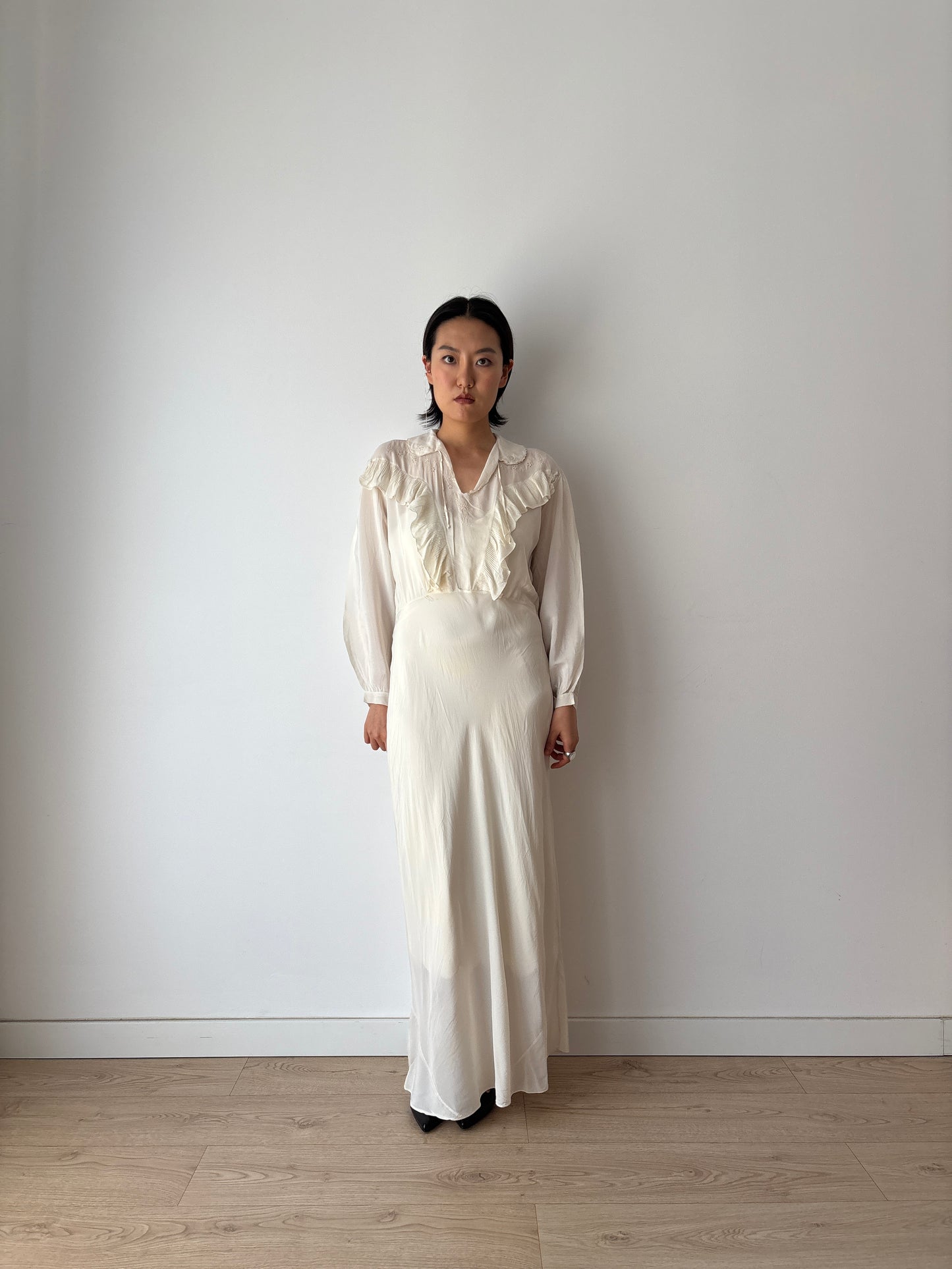 1930s Bridal Silk Cepre Bias Cut Embroidered White Long Maxi dress, Vintage lace wedding dress