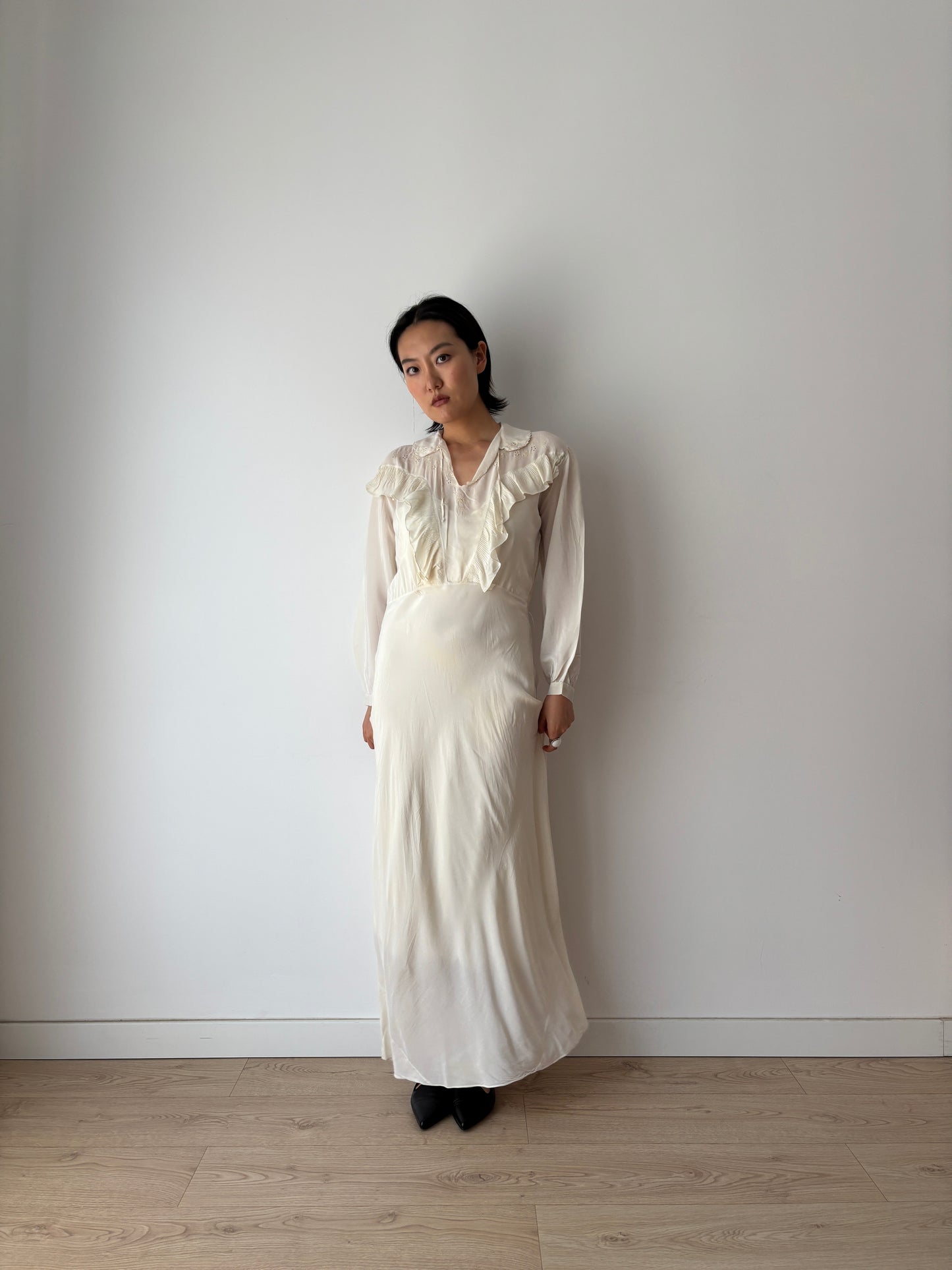 1930s Bridal Silk Cepre Bias Cut Embroidered White Long Maxi dress, Vintage lace wedding dress