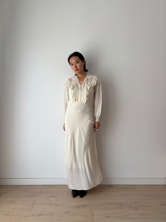 1930s Bridal Silk Cepre Bias Cut Embroidered White Long Maxi dress, Vintage lace wedding dress