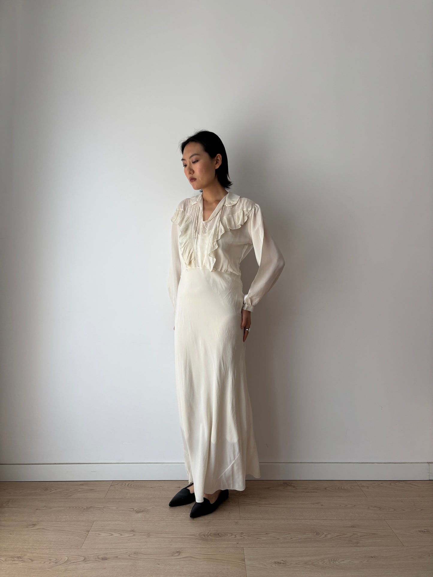 1930s Bridal Silk Cepre Bias Cut Embroidered White Long Maxi dress, Vintage lace wedding dress