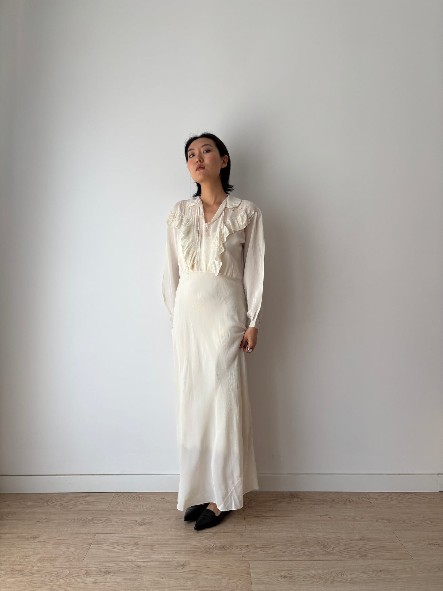 1930s Bridal Silk Cepre Bias Cut Embroidered White Long Maxi dress, Vintage lace wedding dress