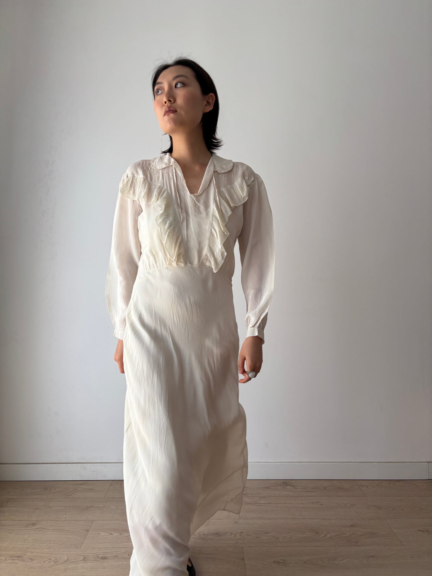 1930s Bridal Silk Cepre Bias Cut Embroidered White Long Maxi dress, Vintage lace wedding dress
