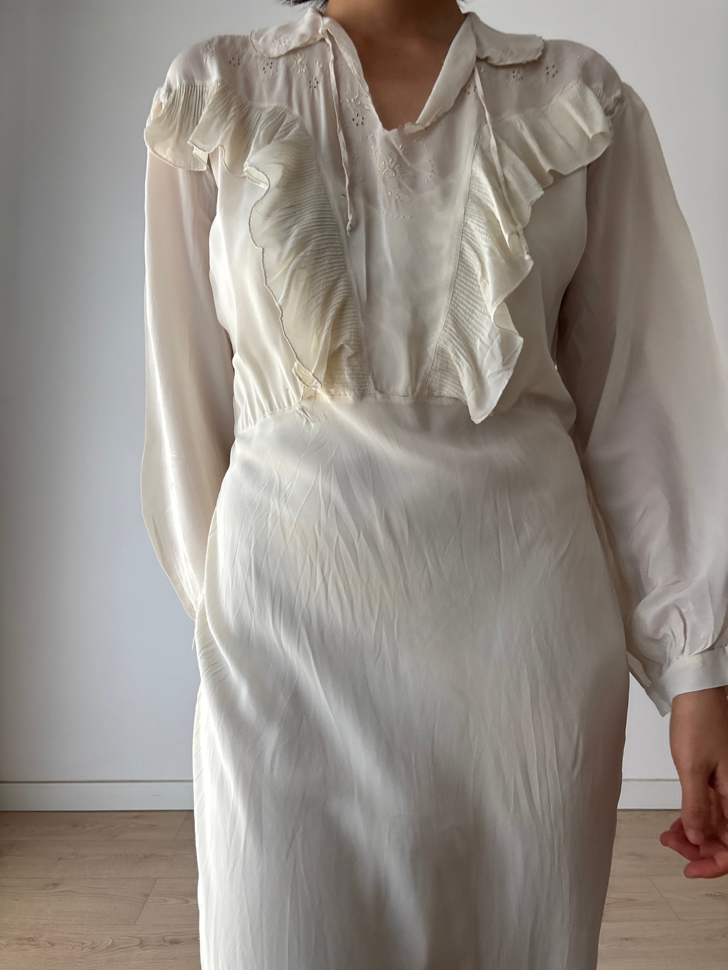 1930s Bridal Silk Cepre Bias Cut Embroidered White Long Maxi dress, Vintage lace wedding dress