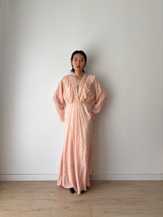 1940s long sleeved floral print pure silk ribbon gown