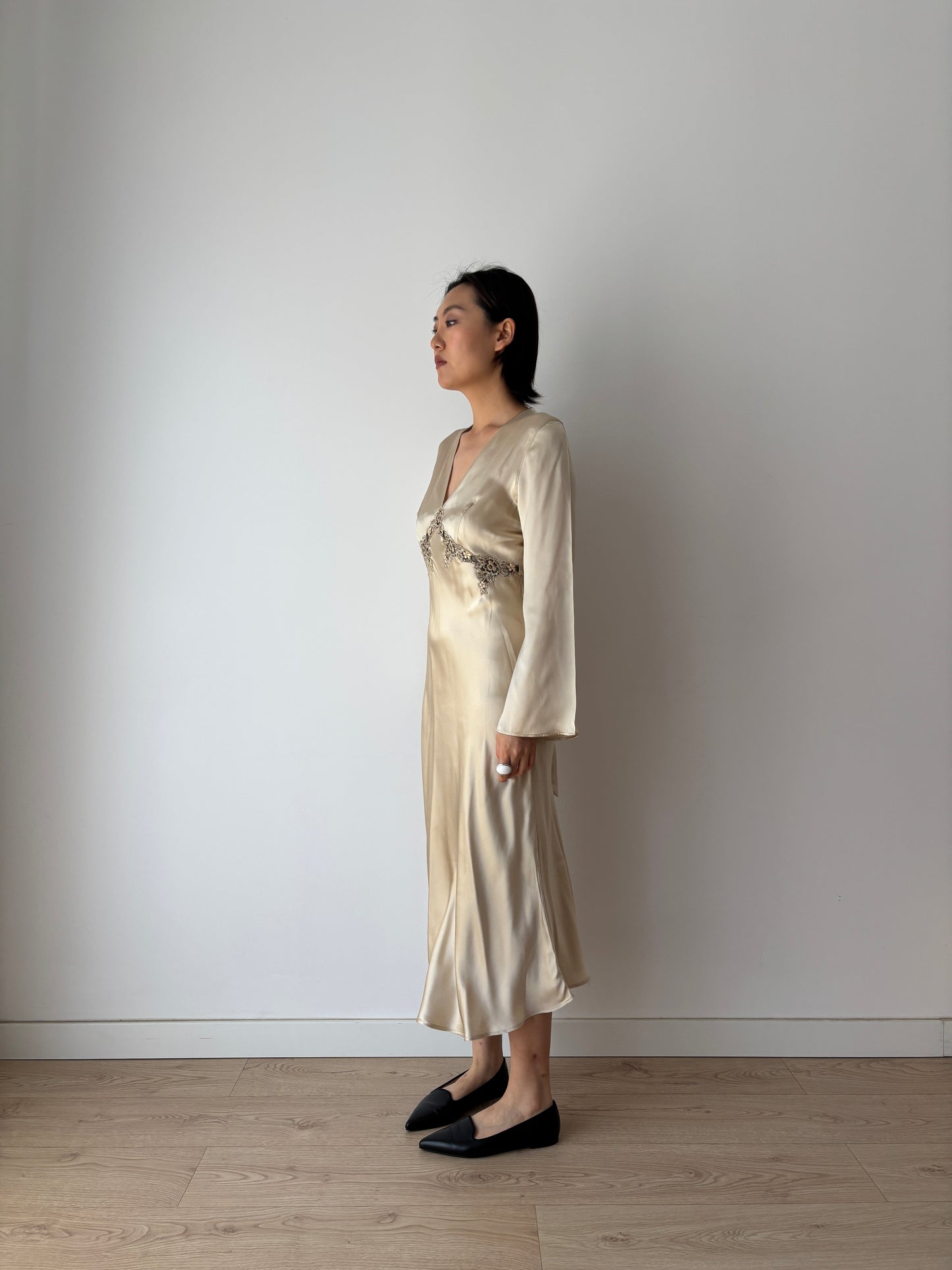 Vintage 90s Y2K romantic Champagne pure silk bridal slip maxi dress