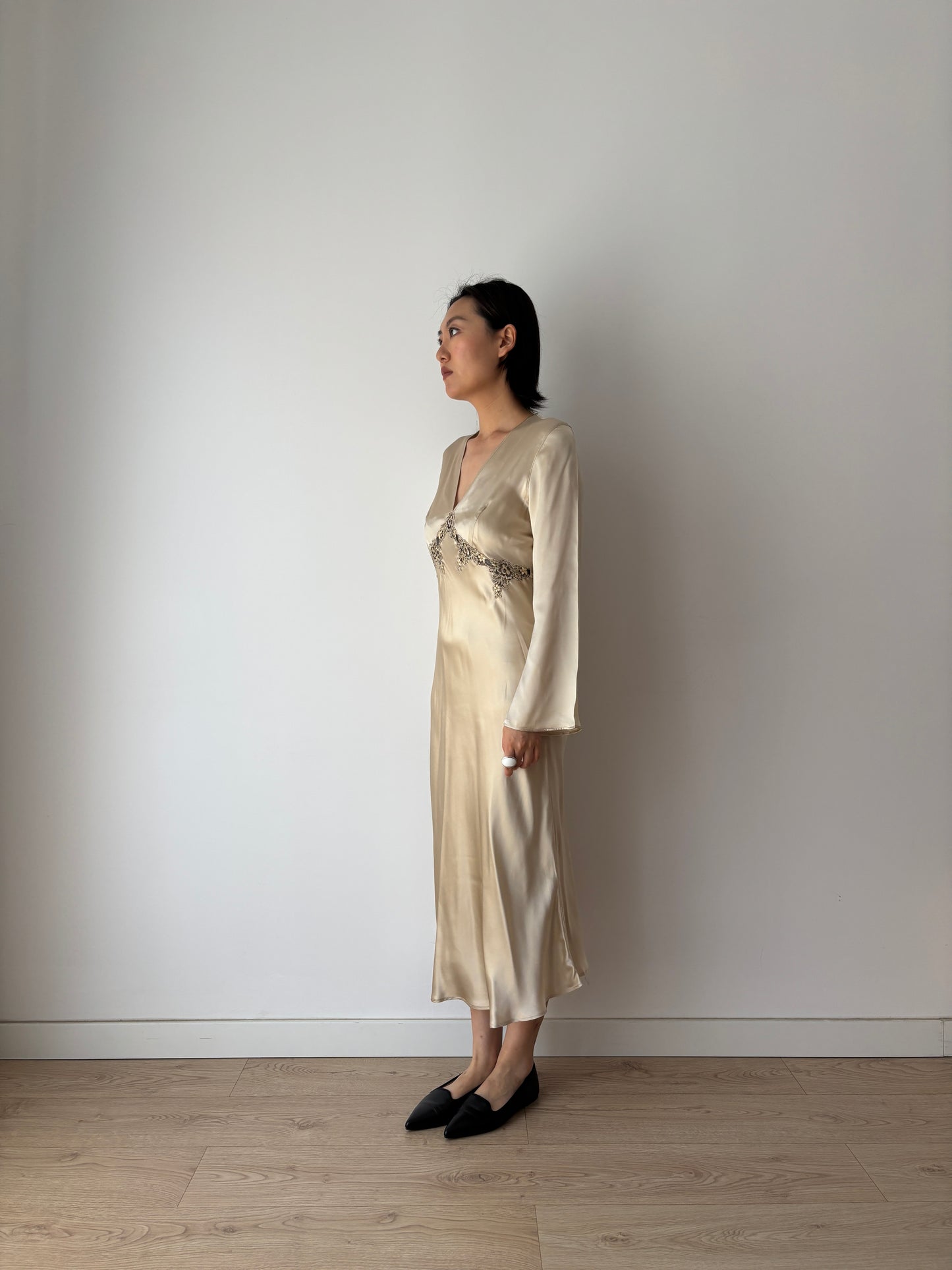 Vintage 90s Y2K romantic Champagne pure silk bridal slip maxi dress
