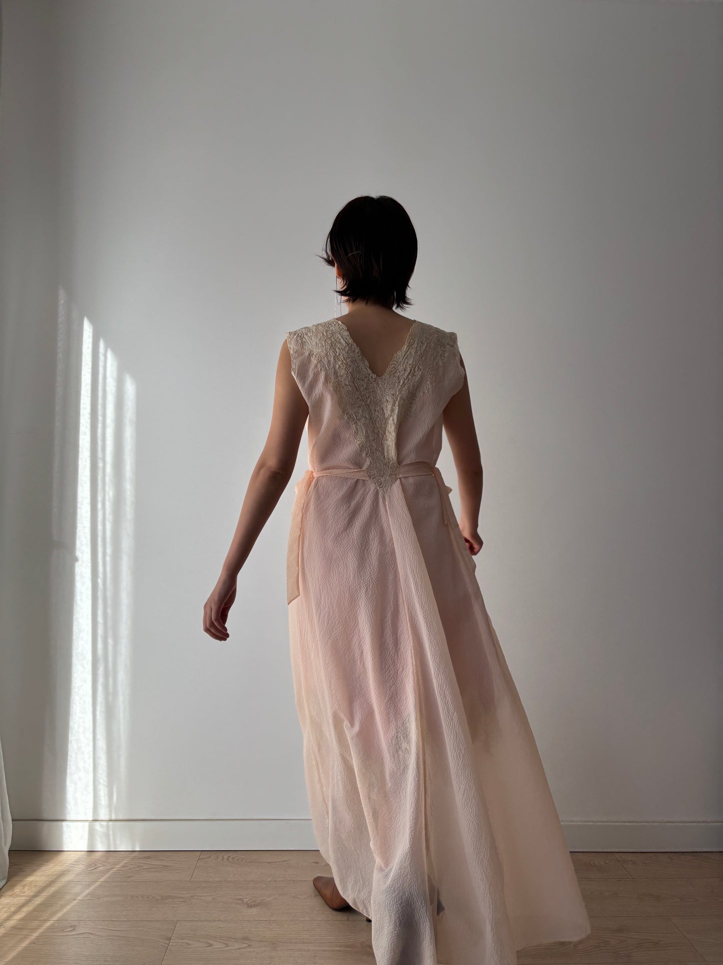 1950s Bias Cut Nightgown in Pale Pink: Rayon Crepe with French Lace & Ribbon Waist