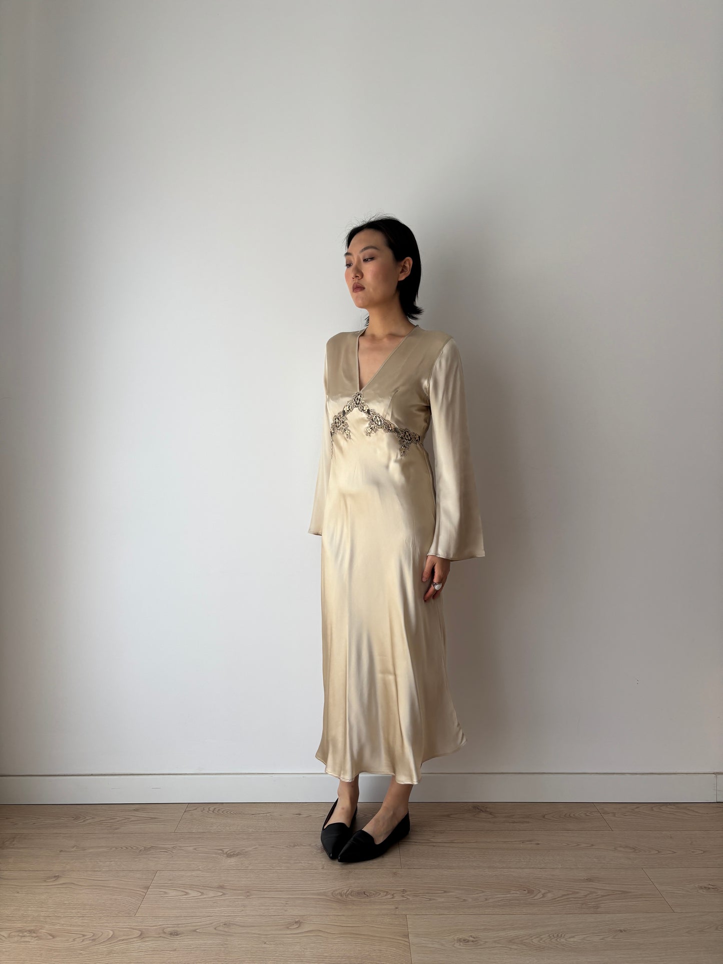 Vintage 90s Y2K romantic Champagne pure silk bridal slip maxi dress