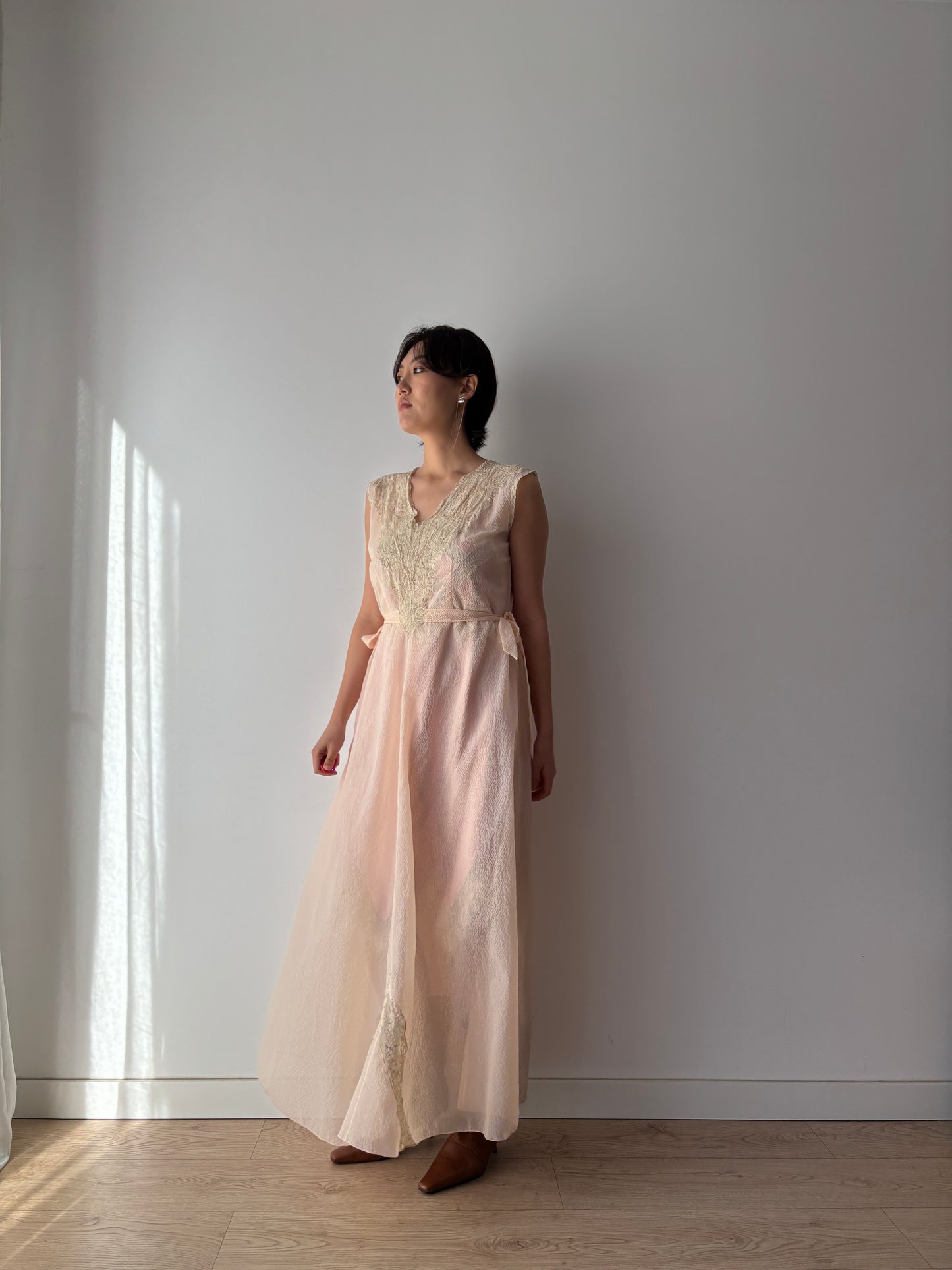 1950s Bias Cut Nightgown in Pale Pink: Rayon Crepe with French Lace & Ribbon Waist