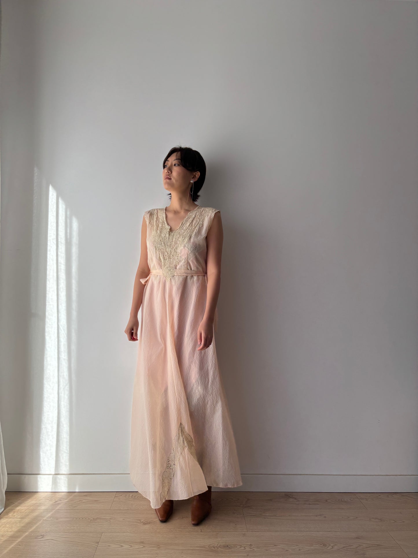 1950s Bias Cut Nightgown in Pale Pink: Rayon Crepe with French Lace & Ribbon Waist