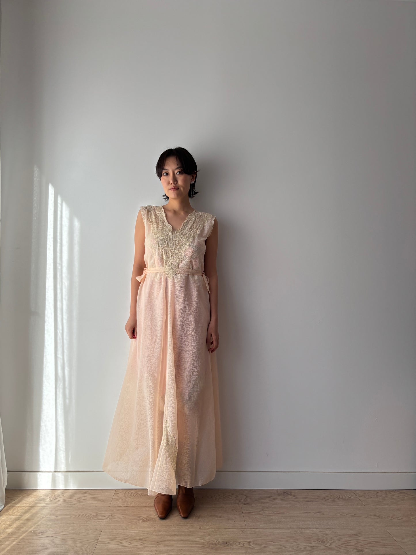 1950s Bias Cut Nightgown in Pale Pink: Rayon Crepe with French Lace & Ribbon Waist