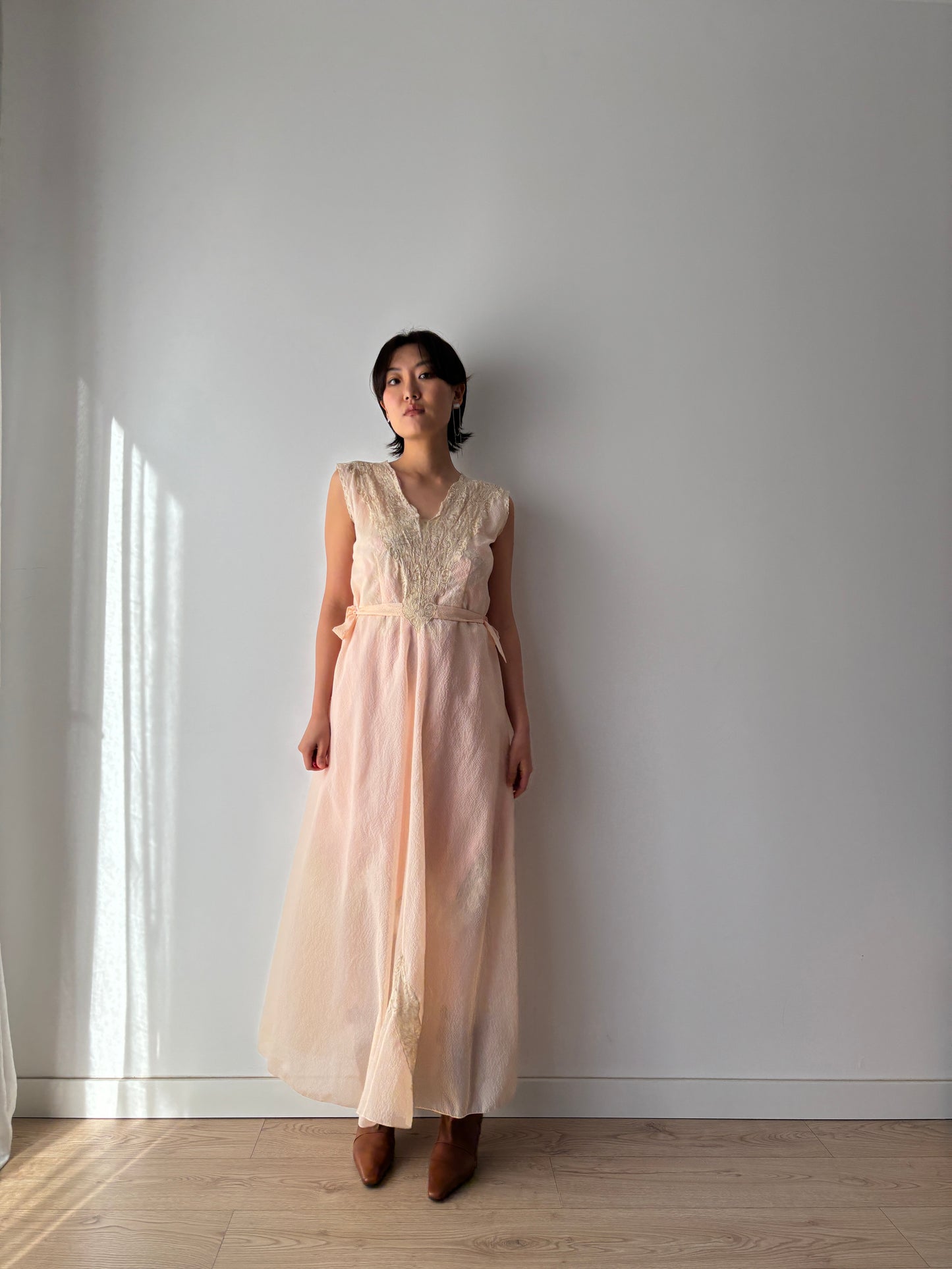 1950s Bias Cut Nightgown in Pale Pink: Rayon Crepe with French Lace & Ribbon Waist