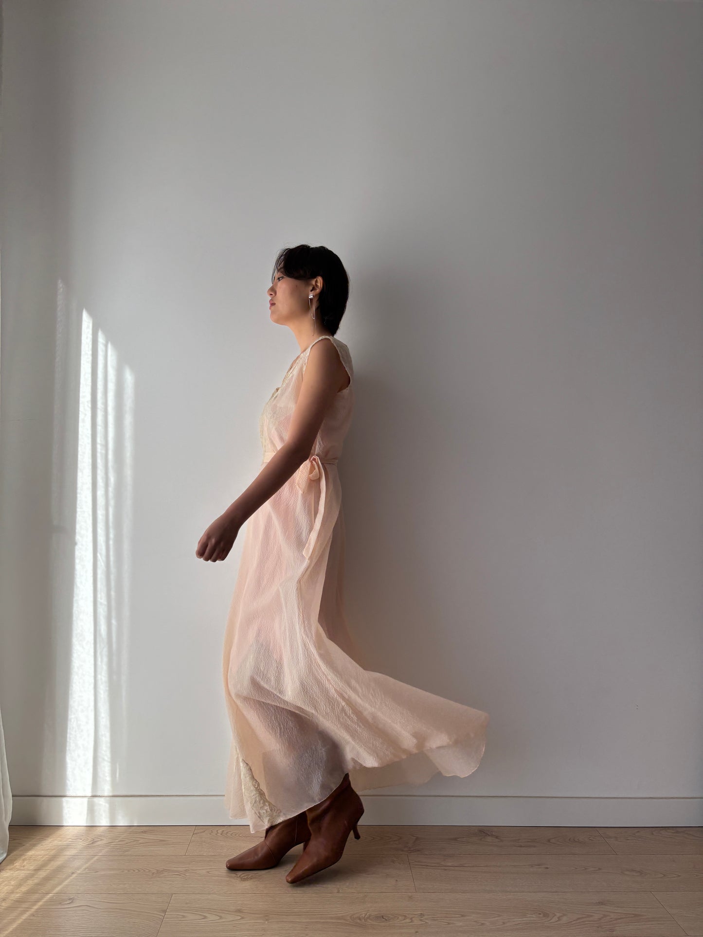 1950s Bias Cut Nightgown in Pale Pink: Rayon Crepe with French Lace & Ribbon Waist