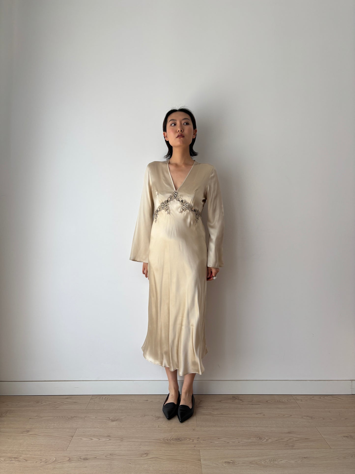 Vintage 90s Y2K romantic Champagne pure silk bridal slip maxi dress