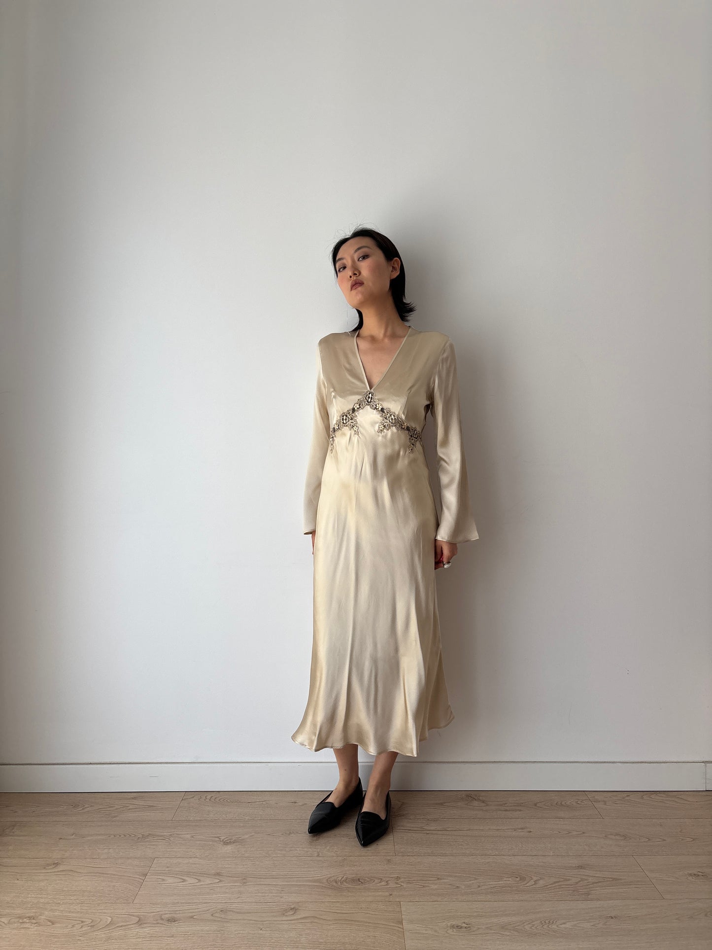 Vintage 90s Y2K romantic Champagne pure silk bridal slip maxi dress