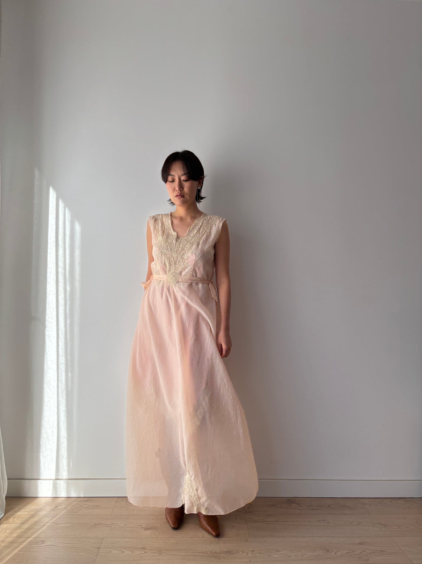 1950s Bias Cut Nightgown in Pale Pink: Rayon Crepe with French Lace & Ribbon Waist