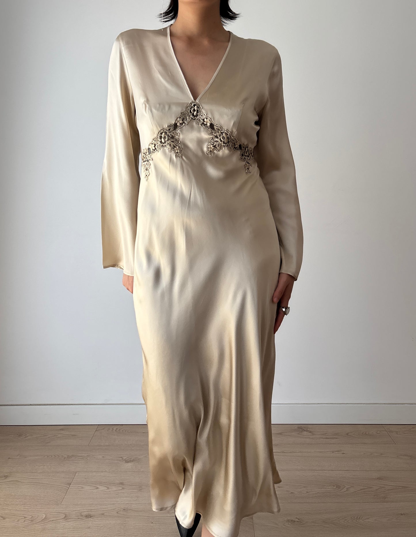Vintage 90s Y2K romantic Champagne pure silk bridal slip maxi dress
