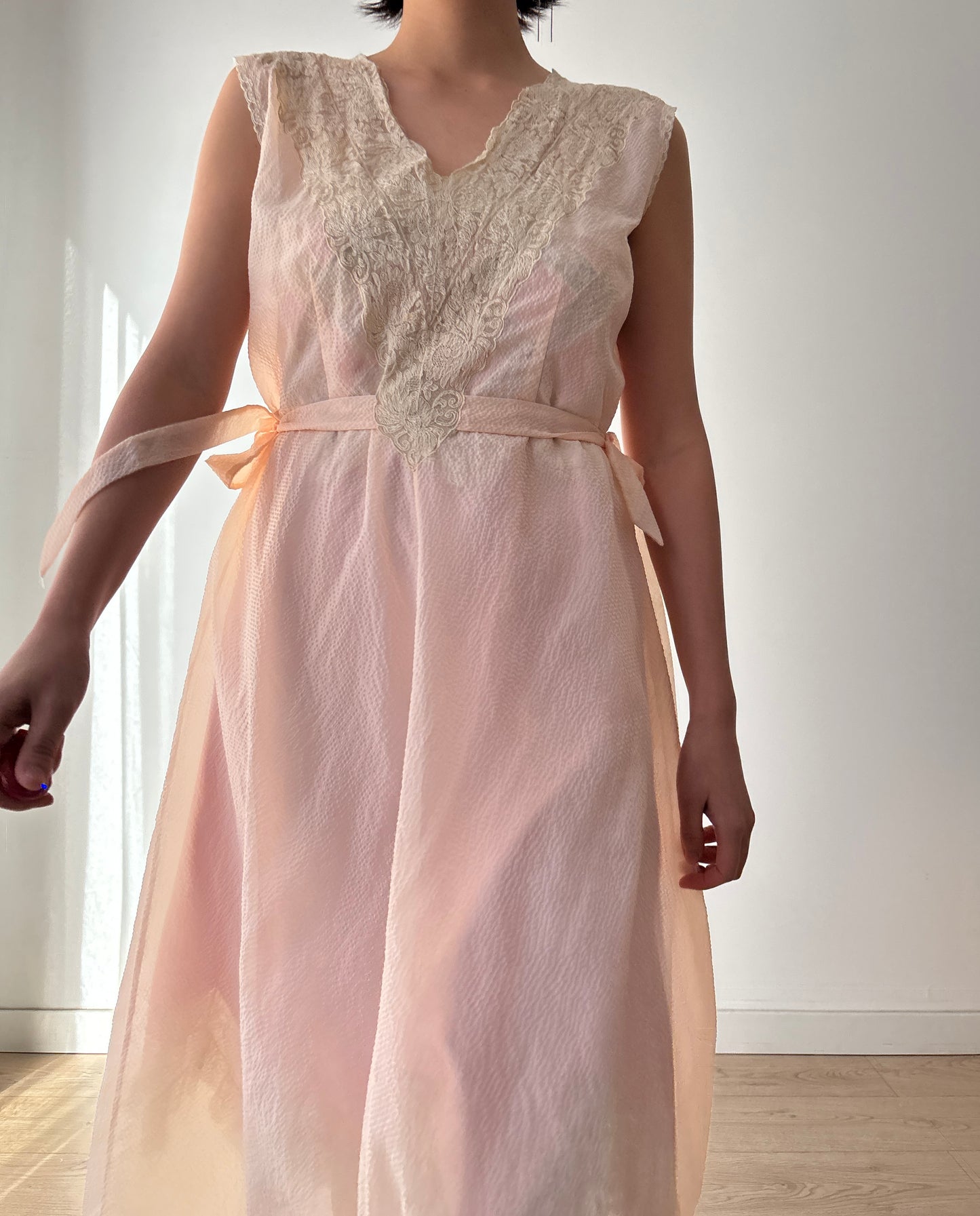 1950s Bias Cut Nightgown in Pale Pink: Rayon Crepe with French Lace & Ribbon Waist