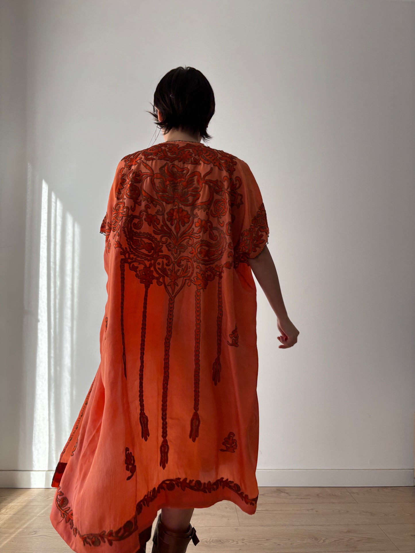 1900s 1910s Ottoman Embroidered Robe in Orange: Metallic Floral Hand Embroidery