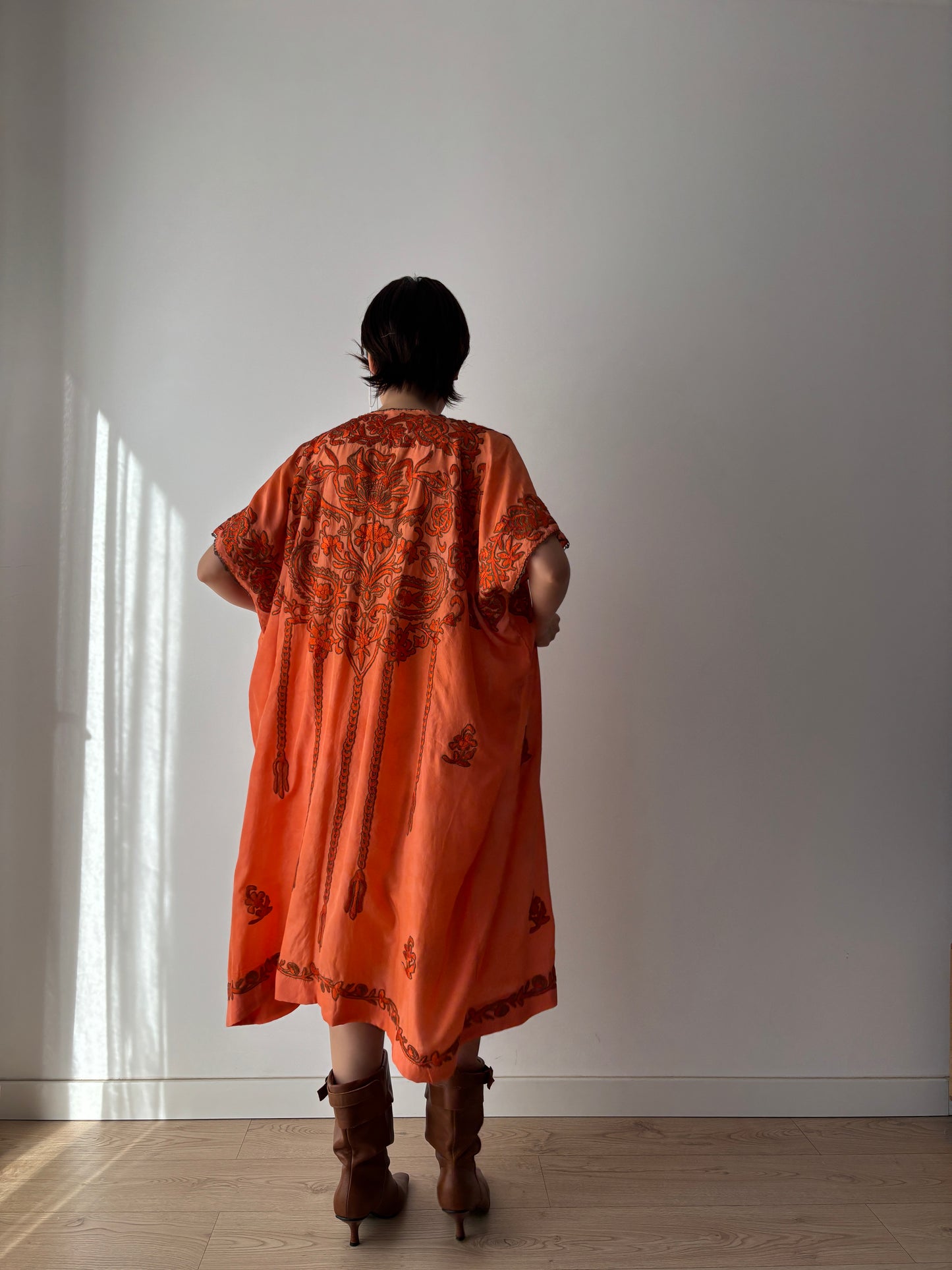 1900s 1910s Ottoman Embroidered Robe in Orange: Metallic Floral Hand Embroidery
