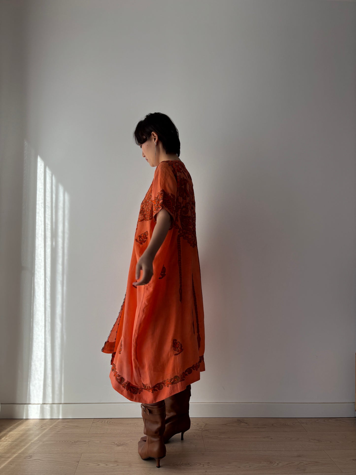 1900s 1910s Ottoman Embroidered Robe in Orange: Metallic Floral Hand Embroidery